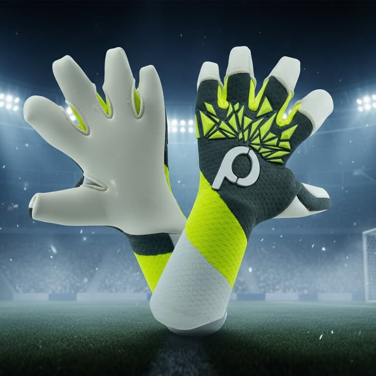 Guantes de portero Porteriacero en gris y amarillo neón, sobre un estadio iluminado